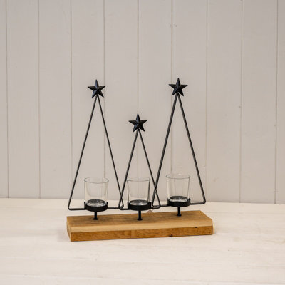 Four Candle Satchville Black Metal Triple Tree Tealight Holder On Wooden Base - image 1