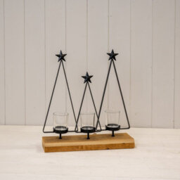 Four Candle Satchville Black Metal Triple Tree Tealight Holder On Wooden Base - thumbnail 2