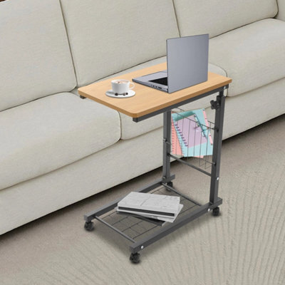 Teak Color 2-Tier Adjustable Rolling Bed Side Stand Table With Wheels - image 1