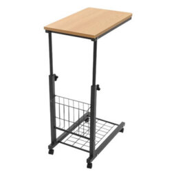 Teak Color 2-Tier Adjustable Rolling Bed Side Stand Table With Wheels - thumbnail 4