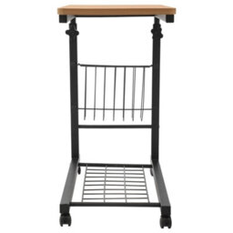 Teak Color 2-Tier Adjustable Rolling Bed Side Stand Table With Wheels - thumbnail 3
