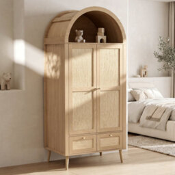 Matteo Arched Rattan-Effect Double Wardrobe With 2 Doors & 2 Drawers - Natural Oak - 180Cm Tall - thumbnail 5
