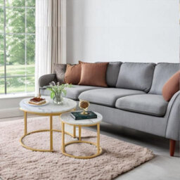 2-Tier Round White Marble Top With Gold Legs- Nesting Coffee Table Set - thumbnail 7