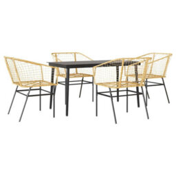 Berkfield Durable 5 Piece Garden Dining Set Brown Poly Rattan Glass