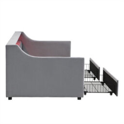 Abrihome Upholstered Bed, 90X190Cm, Daybed Sofa Bed, With Light Strip, Charging Port, 1 Type A +1 Type C, 2 Drawers On Wheels, Velvet, Grey - thumbnail 7