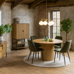 Wyld Haus Rome 5-Piece Round Wild Oak Effect Dining Set With Olive Green Corduroy Chairs - thumbnail 1
