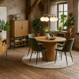 Wyld Haus Rome 5-Piece Round Wild Oak Effect Dining Set With Olive Green Corduroy Chairs - thumbnail 2