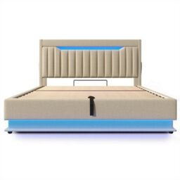 Abrihome Smart Upholstered Storage Bed With Led Headboard & Charging, 135X190Cm, Beige (No Mattress) - thumbnail 9