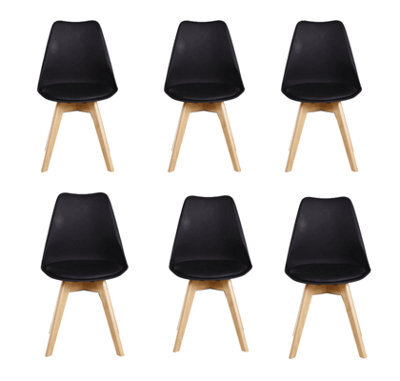 Life Interiors Set Of 6 Black Scandinavian Dining Chairs With Leather Cushions Solid Wood Legs - image 1