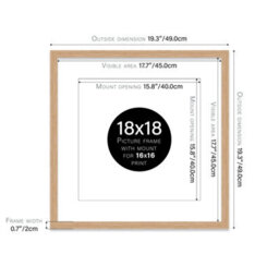"18X18"" Oak Picture Frame - 18X18"" Square Frame With 16X16"" Mount For 18X18""/16X16"" Pictures Vintage Style Thin Edge, 1 Pack" - thumbnail 2