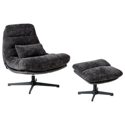 Beliani Swivel Armchair Tovik With Footstool Chenille Black - image 1