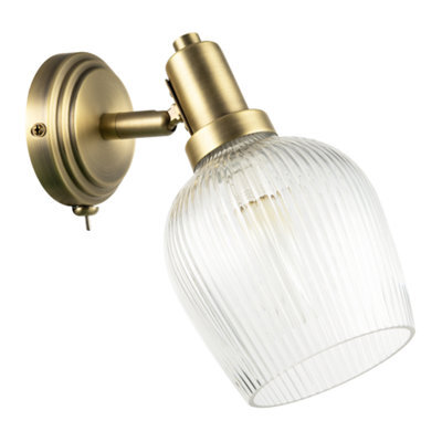 Happy Homewares Classy Antique Brass Switched Wall Light With Clear Ribbed Glass Shade - image 1