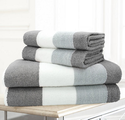 Velosso 4Pc Striped Cotton Hand And Bath Towel Set Durable Everyday Towel Set Grey
