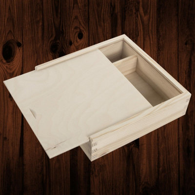 Woodeedoo Wooden Box With Sliding Lid Twin Compartments For 6X4' 10X15Cm Prints Usb Cards Keepsakes Craft Storage 19.5X19.5X5 Cm - image 1