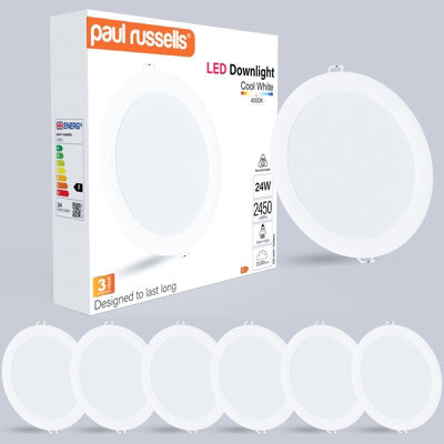 Paul Russells Led Round Panel Ceiling Lights, 24W 2450 Lumens, Spotlights, Ip20, 4000K Cool White, Pack Of 6 - image 1