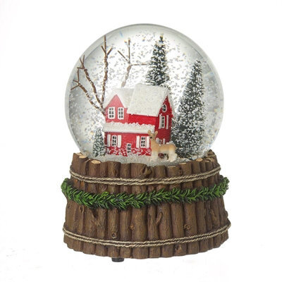 Heaven Sends Christmas Musical Snow Globe - House Scene With Deer, 14 X 9.5 Cm, Red And Brown.