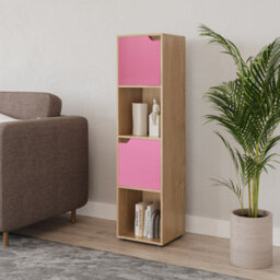 Urbn-Living Urbnliving 119Cm Height Oak 4 Cube Bookcase Shelving Display Shelf Storage Unit Pink Wooden Door Organiser - thumbnail 2