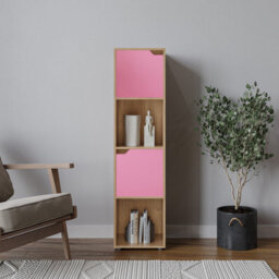 Urbn-Living Urbnliving 119Cm Height Oak 4 Cube Bookcase Shelving Display Shelf Storage Unit Pink Wooden Door Organiser - thumbnail 1