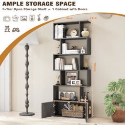 Gainoom 6-Tier Grey Bookshelf Freestanding Tall Bookcase Shelf Storage Organizer W/ Anti-Tipping Device - thumbnail 2