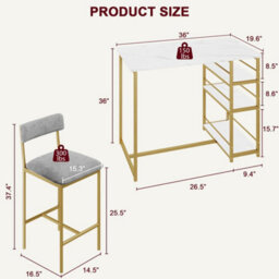 Gold 3-Piece Bar Table Set, With 2 Counter Height Bar Stools - thumbnail 2