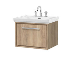 Hudson Reed Lille Wall Hung Single Drawer Contemporary Vanity Unit With 3 Tap Hole Basin In Bleached Oak, 630 X 471mm - thumbnail 1