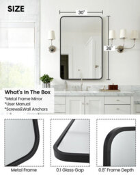 Black Rectangular Wall Mirror Bathroom Metal Framed Mirror Rounded Corner 76 X 55Cm - thumbnail 2