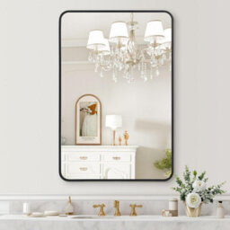 Black Rectangular Wall Mirror Bathroom Metal Framed Mirror Rounded Corner 76 X 55Cm