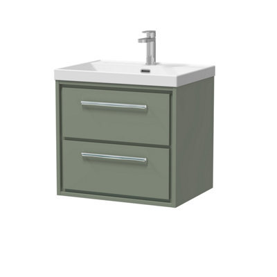 Balterley Longnor Modern Bathroom 2 Soft Close Drawer Wall Hung Vanity Unit & Rectangular Basin, Fern Green, 600mm - image 1