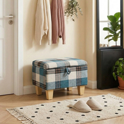 Living And Home Blue Plaid Linen Upholstered Storage Ottoman With Hidden Compartment 49Cm W - image 1