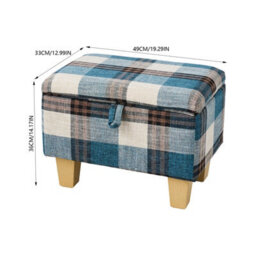 Living And Home Blue Plaid Linen Upholstered Storage Ottoman With Hidden Compartment 49Cm W - thumbnail 5