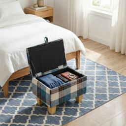 Living And Home Blue Plaid Linen Upholstered Storage Ottoman With Hidden Compartment 49Cm W - thumbnail 2