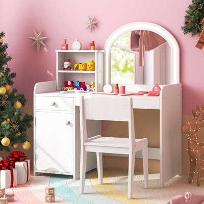 Costway Kids Vanity Table Chair Set Lighted Mirror Storage Drawer Cabinet - image 1
