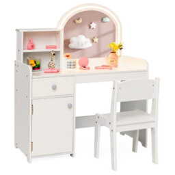 Costway Kids Vanity Table Chair Set Lighted Mirror Storage Drawer Cabinet - thumbnail 2