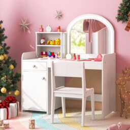 Costway Kids Vanity Table Chair Set Lighted Mirror Storage Drawer Cabinet - thumbnail 1