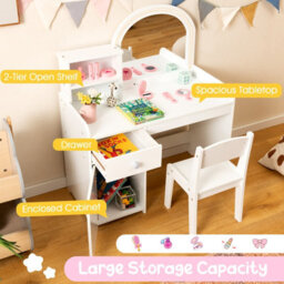 Costway Kids Vanity Table Chair Set Lighted Mirror Storage Drawer Cabinet - thumbnail 6
