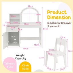 Costway Kids Vanity Table Chair Set Lighted Mirror Storage Drawer Cabinet - thumbnail 3