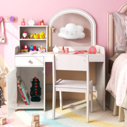 Costway Kids Vanity Table Chair Set Lighted Mirror Storage Drawer Cabinet - thumbnail 5