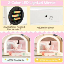 Costway Kids Vanity Table Chair Set Lighted Mirror Storage Drawer Cabinet - thumbnail 7