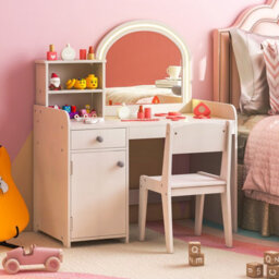 Costway Kids Vanity Table Chair Set Lighted Mirror Storage Drawer Cabinet - thumbnail 4