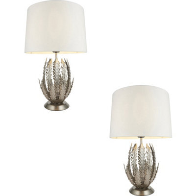 2 Pack Ornate Silver Table Lamp Ivory Cotton Fabric Shade Decorative Leaf Design - image 1