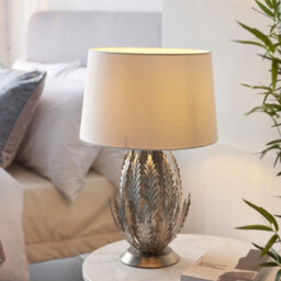 2 Pack Ornate Silver Table Lamp Ivory Cotton Fabric Shade Decorative Leaf Design - thumbnail 3