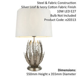 2 Pack Ornate Silver Table Lamp Ivory Cotton Fabric Shade Decorative Leaf Design - thumbnail 2