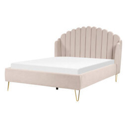 Beliani Bed Fabric Ambillou 140 X 200 Cm (Eu Double) Light Beige - thumbnail 1