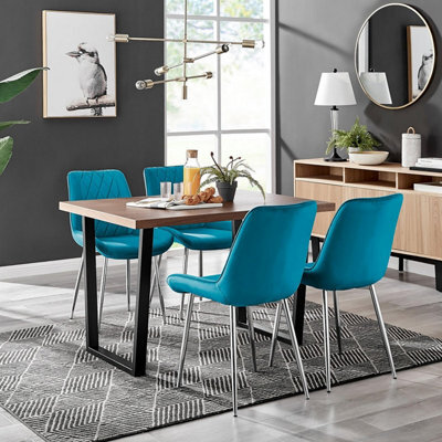 Furniturebox Uk Kylo Brown Wood Effect Dining Table & 4 Blue Pesaro Silver Chairs - image 1