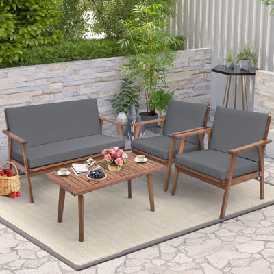 Costway 4 Pcs Outdoor Conversation Set Patio Acacia Wood Sofa Furniture Set