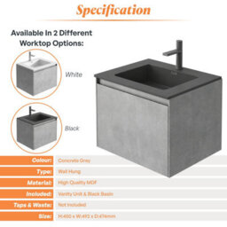 Plum&clay Rigel Concrete Grey Wall Hung Bathroom Vanity Unit With Black Basin (W)500mm (H)450mm - thumbnail 4
