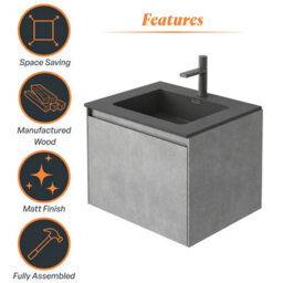 Plum&clay Rigel Concrete Grey Wall Hung Bathroom Vanity Unit With Black Basin (W)500mm (H)450mm - thumbnail 5
