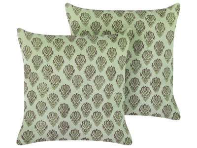 Beliani Set Of 2 Decorative Cushions Rungia Velvet 45 X 45 Cm Green Floral Pattern - image 1