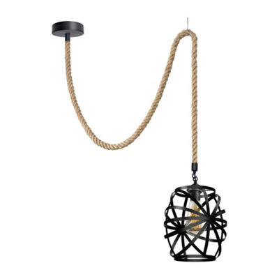 Hemp Rope E27 Single Head Pendant Light With Metal Black Wire Cage Vintage Ceiling Lamp Rope Height 200Cm, With Bulb - image 1