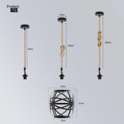 Hemp Rope E27 Single Head Pendant Light With Metal Black Wire Cage Vintage Ceiling Lamp Rope Height 200Cm, With Bulb - thumbnail 4
